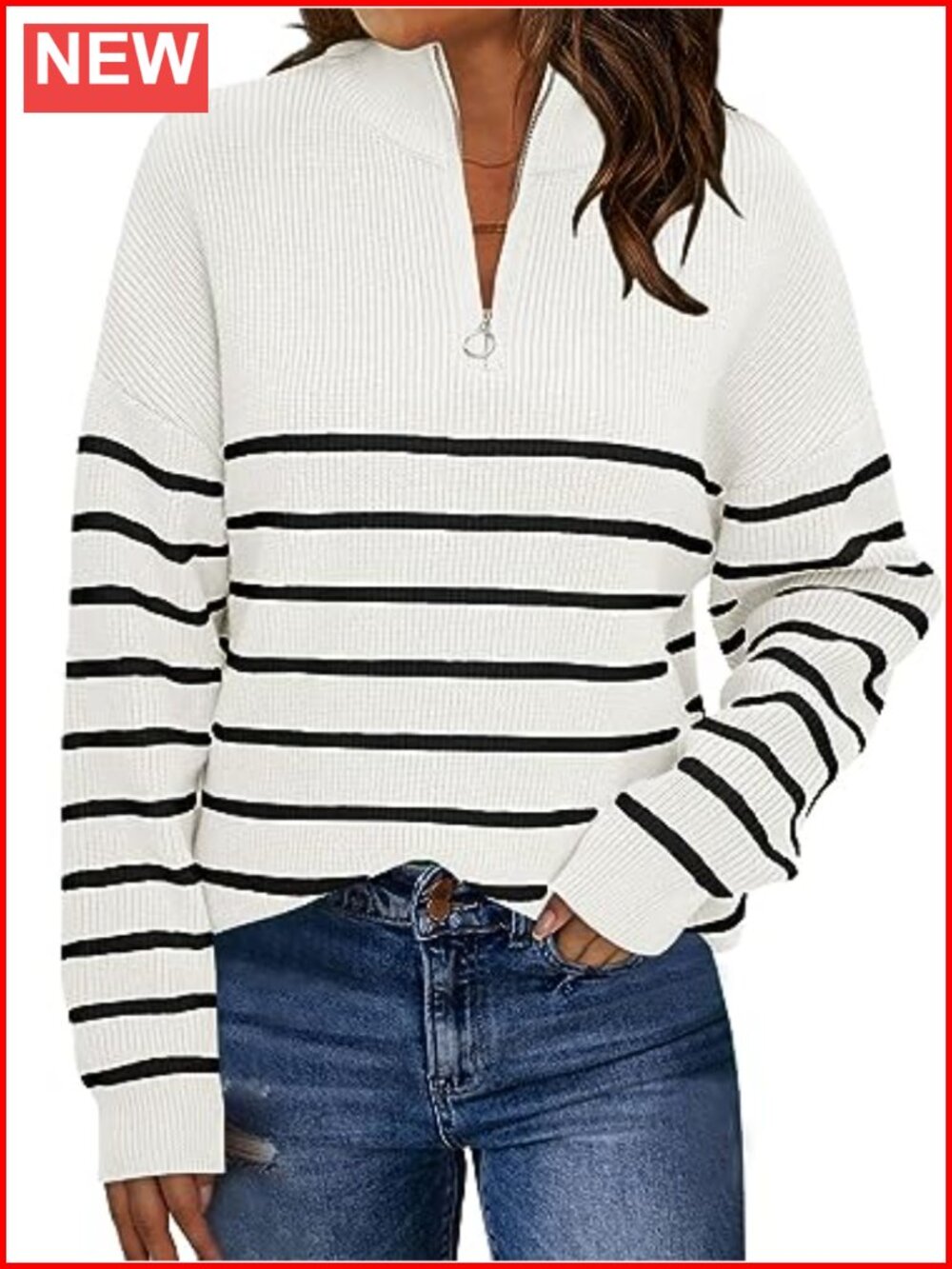 Quarter Zip Striped Oversized Ribbed Knit Pullover Sweater Fall Winter Casual